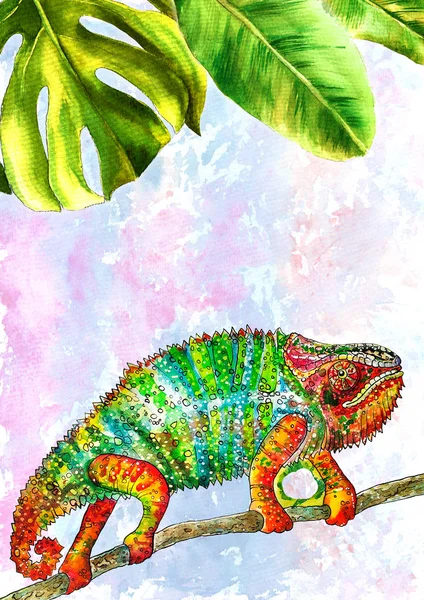 Projeto de modelo com aquarela pintado folhas tropicais. Formato vertical. Ilustração, camaleão a cores, lagarto a cores, camaleão aquarela — Fotografia de Stock