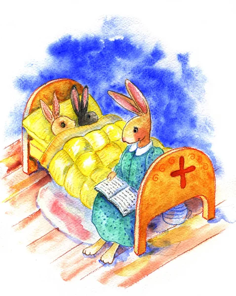 Mamá-conejo lee el libro de hadas de tus hijos para pasar la noche. Ilustración en acuarela, dibujada a mano — Foto de Stock