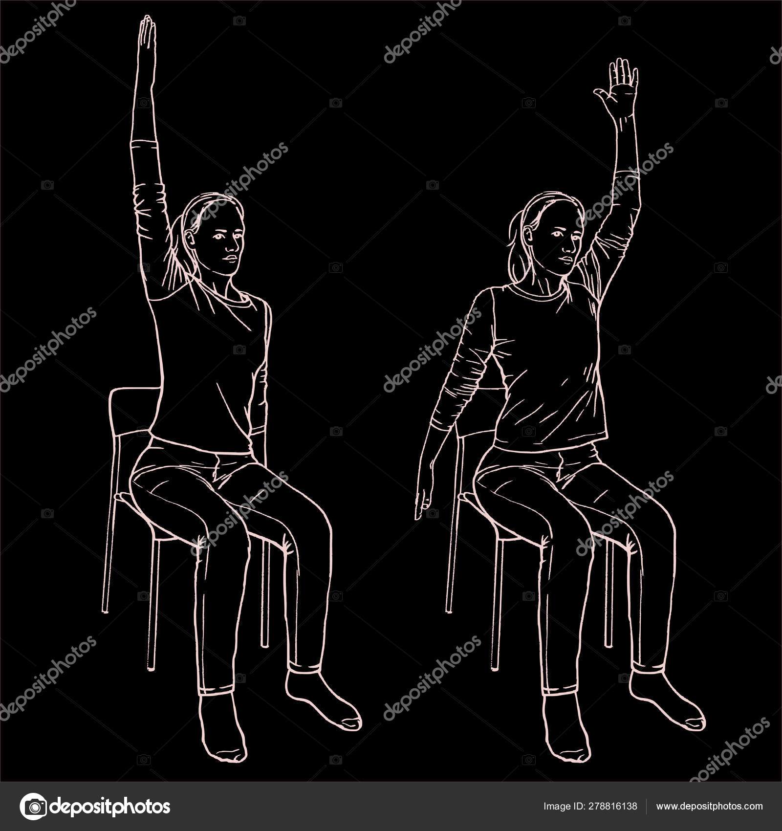 The girl sits on a chair and is engaged in physical therapy. Vector format,  imitation of freehand drawing Stock Vector by ©BolotovaTatyana 278816138