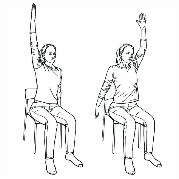 Kız bir sandalyeye oturur ve fizik tedavi ile meşgul. Vektör formatı, serbest çizim taklidi