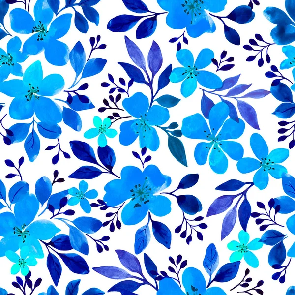 蓝色小花水彩画用于纺织品的设计 纺织品无缝图案 — 图库照片