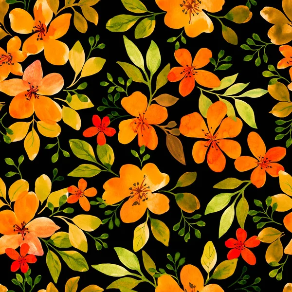 Naranja Pequeñas Flores Acuarela Sobre Fondo Negro Ilustración Para Diseño —  Fotos de Stock