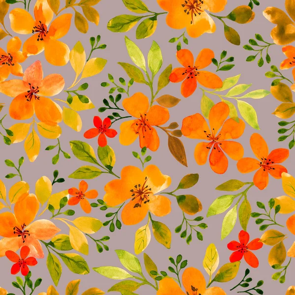 橙色小花水彩画为纺织品的设计 纺织品无缝图案 — 图库照片