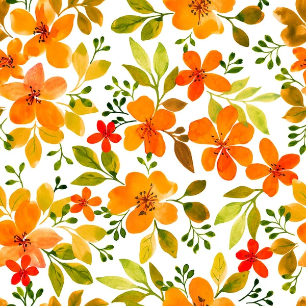 橙色小花水彩画设计纺织品 — 图库照片