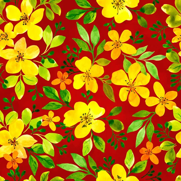 黄色小花红底水彩画为纺织品的设计提供了参考 纺织品无缝图案 — 图库照片