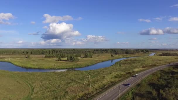 Luchtfoto Natuur Rusland Rivier Velden — Stockvideo