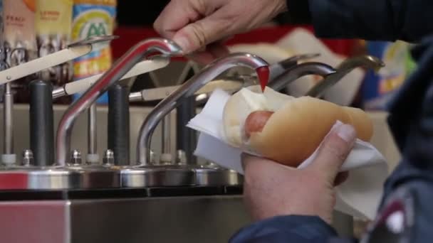 Primer Plano Mano Del Hombre Vertiendo Ketchup Hot Dog — Vídeo de stock