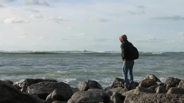 Pies Masculinos Caminando Sobre Piedras Cerca Del Mar Joven Pisando — Vídeos de Stock