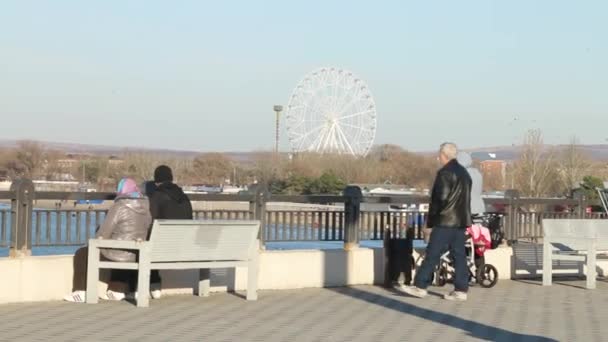 Les Gens Assoient Sur Les Chaises Sur Remblai Regardent Eau — Video