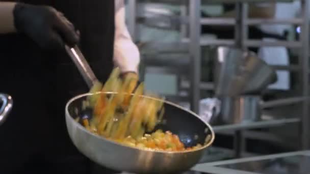 Ręce Szef Gotowania Patelni Zdrowy Styl Życia Dieta Jedzenie — Wideo stockowe