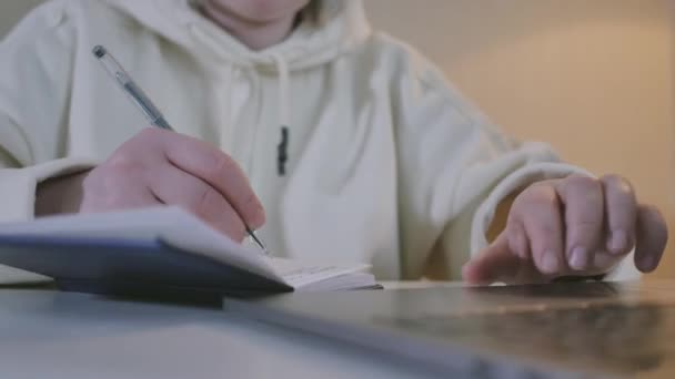 Closeup Woman Sitting Table Notebook Female Hands Keyboarding Laptop Using — Stock Video