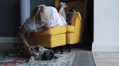 Kadın onun pug evde beslenen hayvan. Tatlı yaşam tarzı sahne.