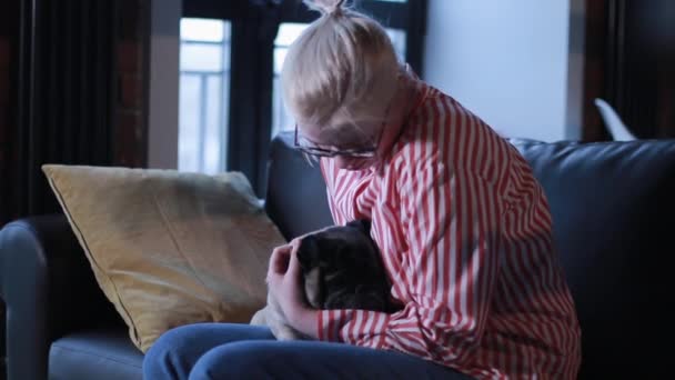 Urocza Blondynka Przytulanie Pug Mały Szary Kotek Śpi Pobliżu Kanapie — Wideo stockowe