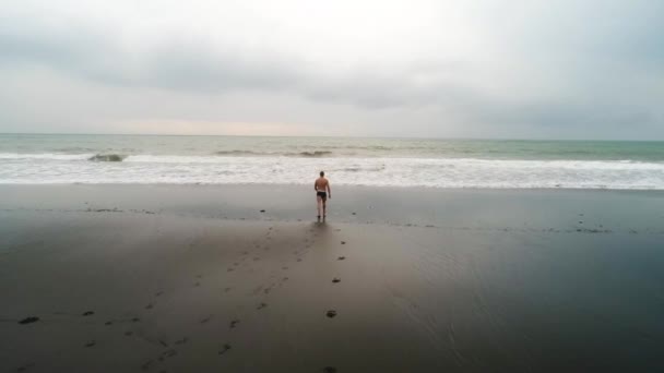 Tipo Nell Oceano Viaggiatori Che Camminano Sulla Spiaggia Sabbia Nera — Video Stock