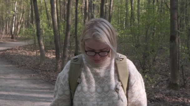 Femme Touriste Promenant Dans Forêt Automne Par Une Journée Ensoleillée — Video