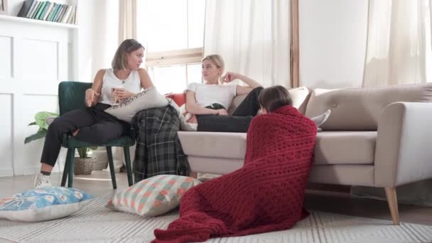 Girlfriends Sit Sofa Chair Floor Communicate Each Other Tell Different — Stock Video