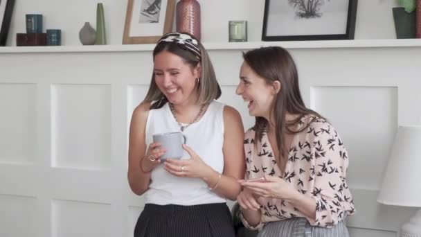 Dos Mujeres Ríen Charlan Grupo Amigos Que Utilizan Teléfonos Inteligentes — Vídeo de stock