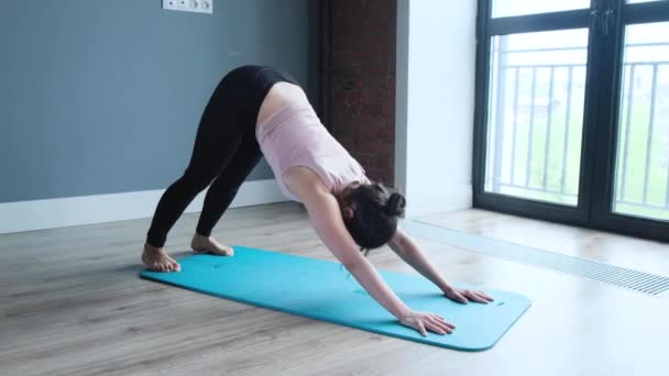 Jovem Mulher Indiana Fazendo Yoga Casa Closeup Tiro Jovem Atleta — Vídeo de Stock