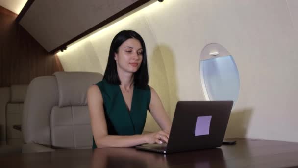 乘私人飞机在笔记本电脑上工作的成功女商人 — 图库视频影像