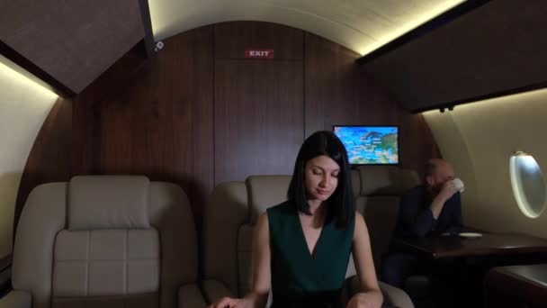 Femme Riche Voyageant Dans Jet Privé Une Femme Affaires Occupée — Video