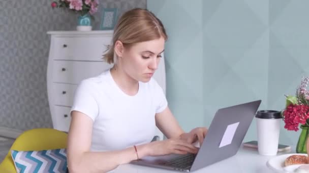 坐在咖啡店里用笔记本电脑工作的漂亮女人的画像 — 图库视频影像