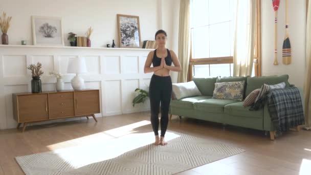 Young Indian Woman Meditating Standing Carpet Hand Namaste Looking Camera — Stock Video