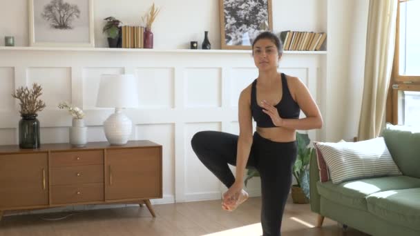 Young Indian Woman Meditates Morning She Does Exercises Balance Stretching — Stock Video