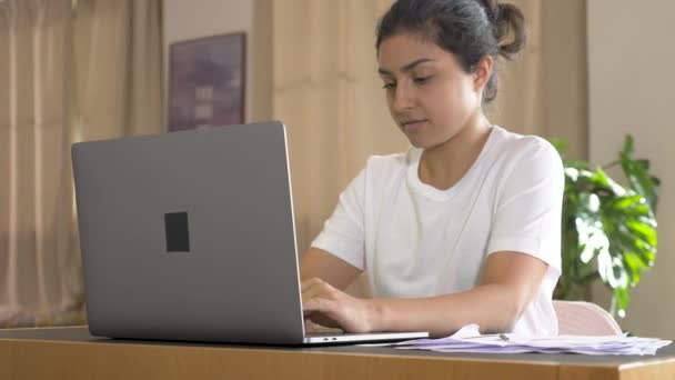 Mutlu Hintli Genç Yetişkin Kadın Konforlu Oturma Odasında Laptop Çalışıyor — Stok video