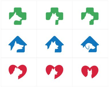 Köpek logo tasarımı baş, bakım merkezi, köpek kalkan, ev ve çapraz illüstrasyon, hayvan hastane vektör simgeler evde beslenen hayvan.