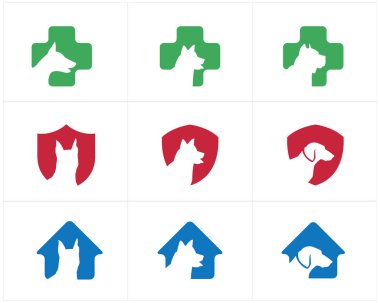 Köpek logo tasarımı baş, bakım merkezi, köpek kalkan, ev ve çapraz illüstrasyon, hayvan hastane vektör simgeler evde beslenen hayvan.