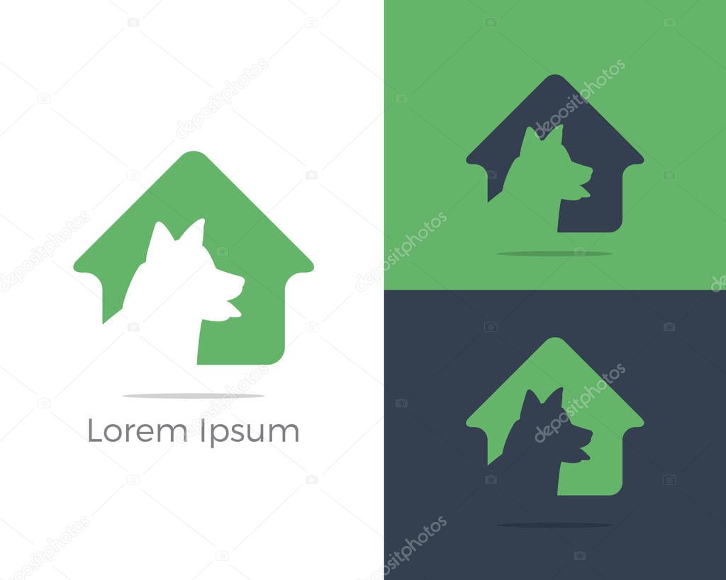 Dog head logo design, pet care center, dog in home illustration, animal hospital vector icons.