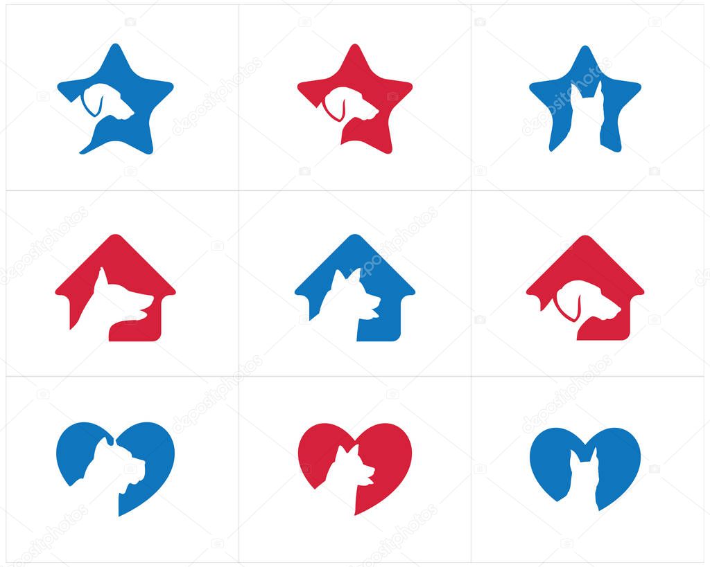 Dog head logo design, pet care center, dog in heart, home and star illustration, animal hospital vector icons.