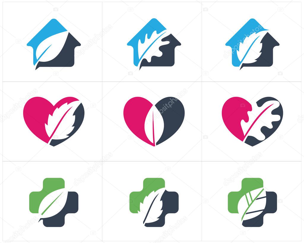 Health and care logo design, pharmacy icon, oak leaf in heart, home and cross vector illustration.