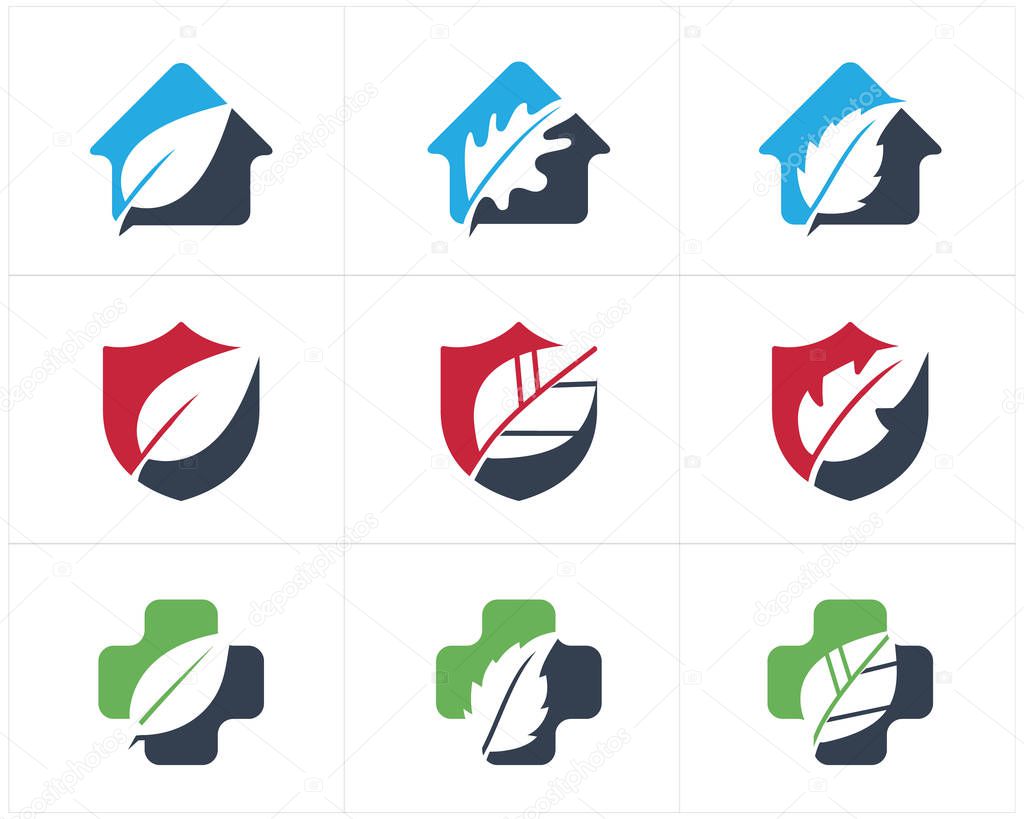 Health and care logo design, pharmacy icon, oak leaf in cross, home and shield vector illustration.