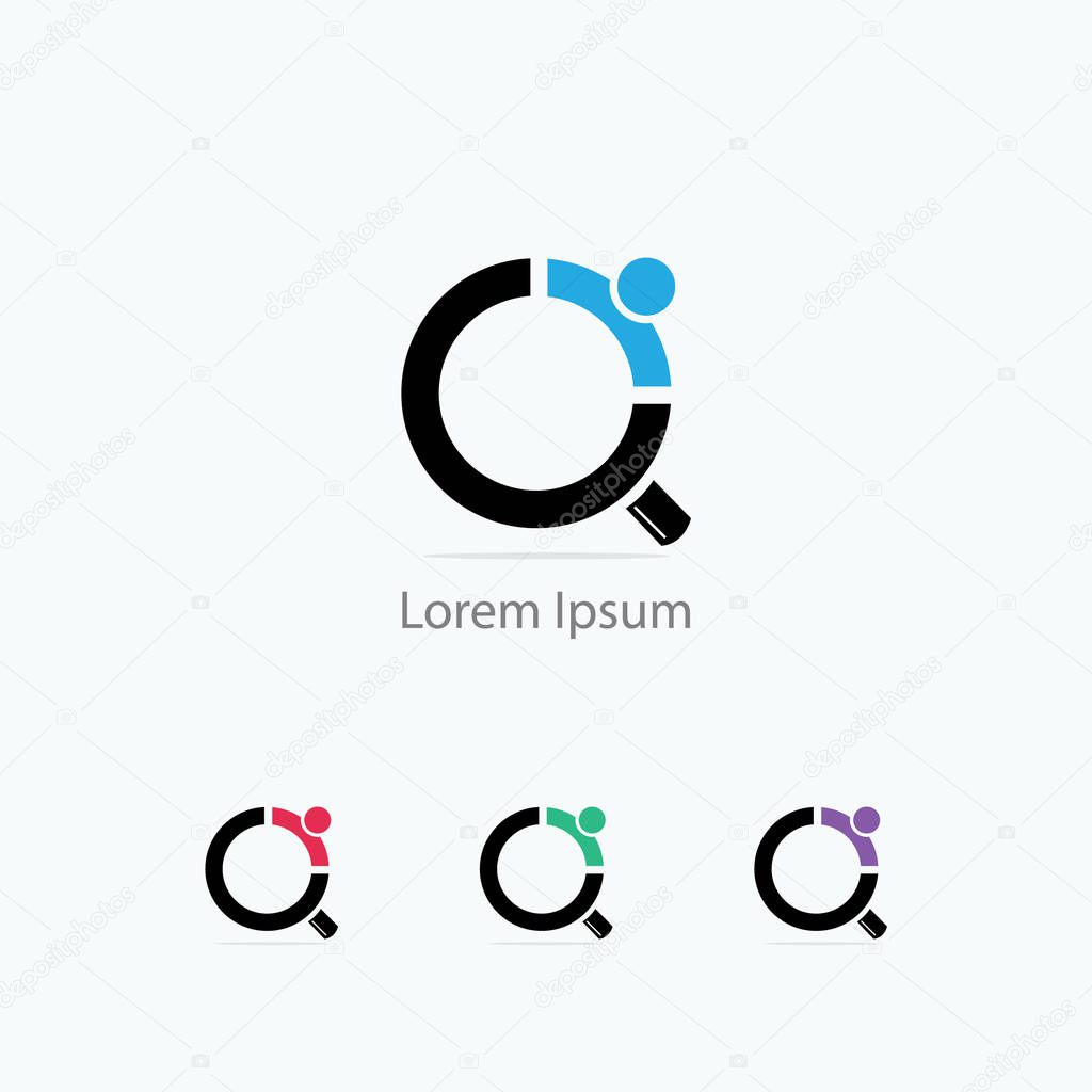 Job search icon with magnifying glass, Choose people for hire symbol. Job or employee logo, Recruitment agency vector illustration.