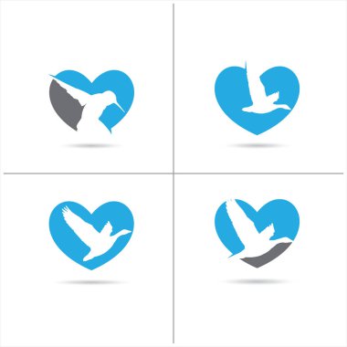 mavi renkli vektör logosu tasarım, uçan ördek, serçe, aşk, mavi illüstrasyon