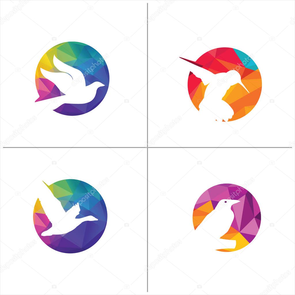 Colorful birds vector logo design, freedom, happiness, fly, in circle hummingbird, flying duck, crow illustration