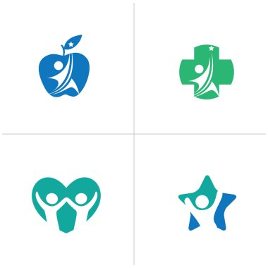 renkli vektör logosu tasarım, mutlu, çocuk, kalp, tıbbi çapraz işareti, elma, sağlıklı illüstrasyon