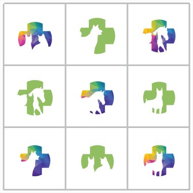 renkli tıbbi işaret illüstrasyon, hayvan kliniği, köpek, at, yeşil, mavi, sevgi, bakım vektör logo tasarımı