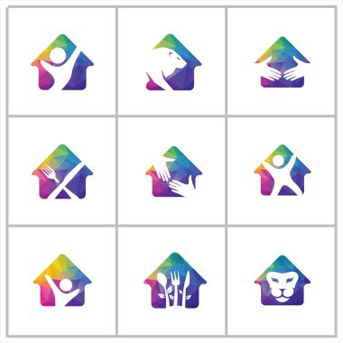 renkli ev illüstrasyon, özgürlük, mutlu çocuk, aslan, yardım, sadaka vektör logo tasarımı