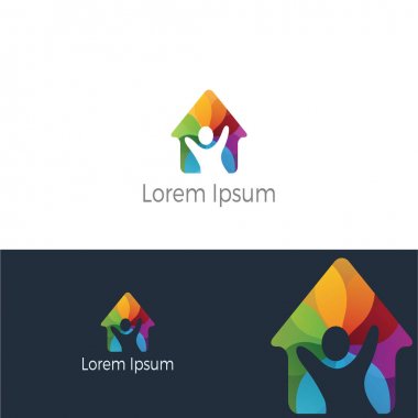 Renkli Happy ev gayrimenkul vektör logo simgesi, öğrenciler için daire, sadaka destek yoksul yetimhane ev logosu.