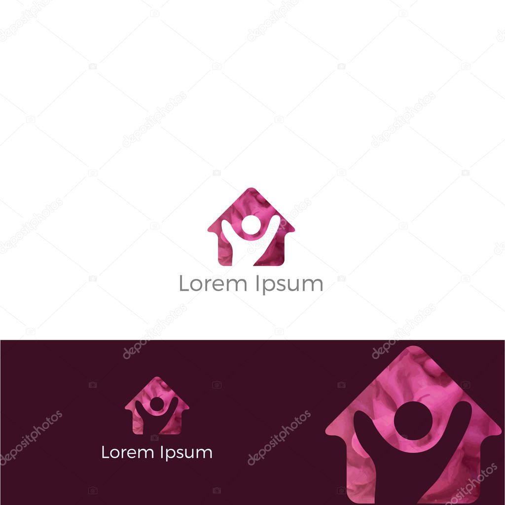 Colorful Happy home real estate vector logo icon, apartment for students, charity support poor orphanage house logo.
