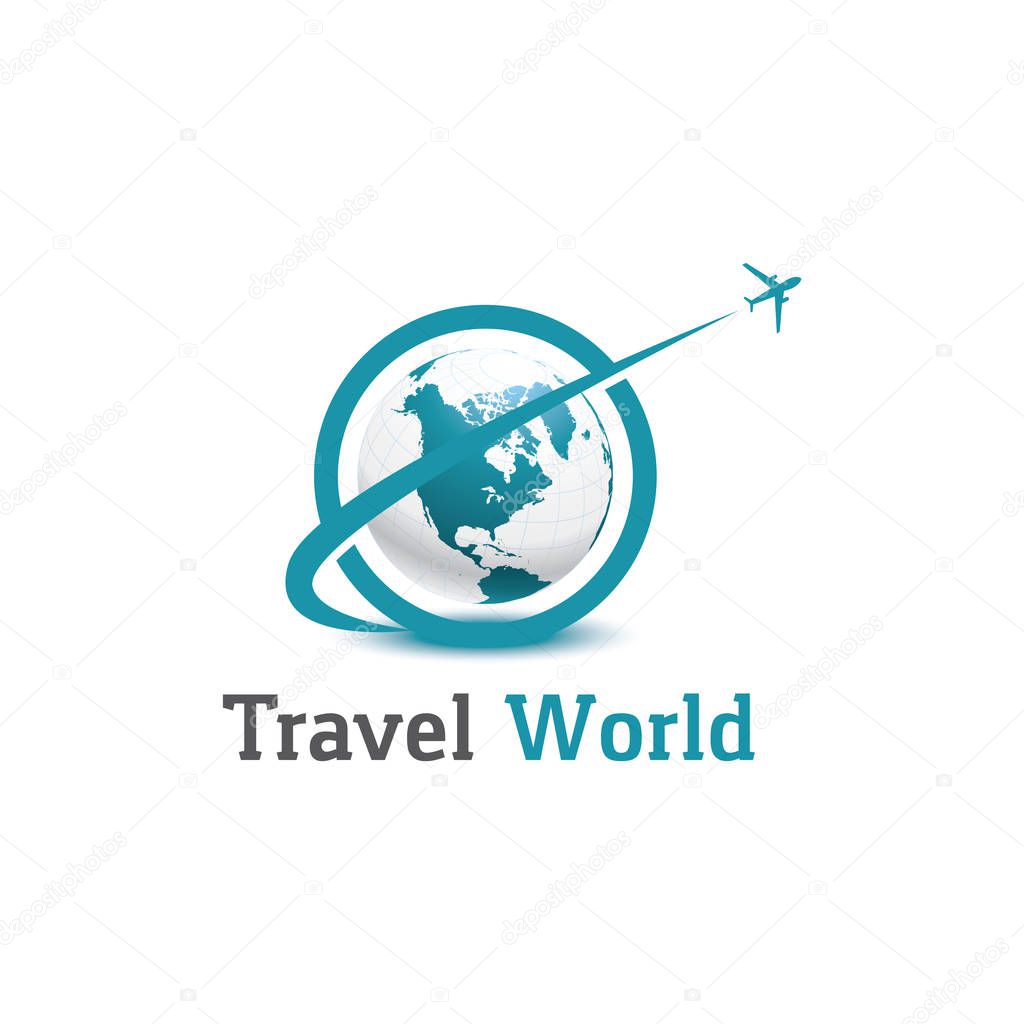 Travel logo design, world tour holidays airplane, globe plane vector illustration.