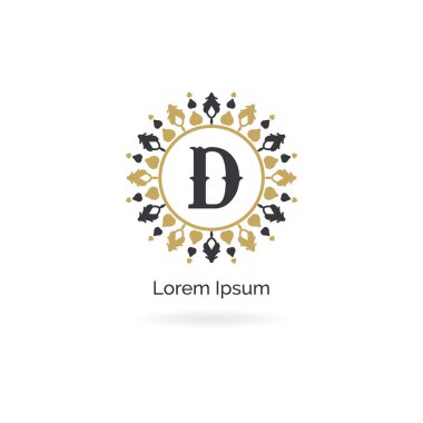 Altın D harflogo tasarımı. Lüks D harfi monogramı. Kozmetik ve güzellik ürünü mandala illüstrasyon.