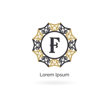 Altın F harfi logo tasarımı. Lüks F harfi monogramı. Kozmetik ve güzellik ürünü mandala illüstrasyon.
