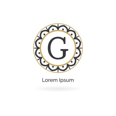 G harfi altın logo tasarımı, lüks ve zarif harf g monogram. Çiçek tarzı çerçeve, mandala ve süs illüstrasyon.