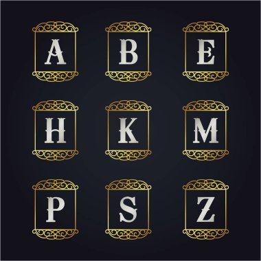  Lüks altın harfler vektör tasarımı. A, B, E, H, K, M, P, S, Z harf vektör amblemi.