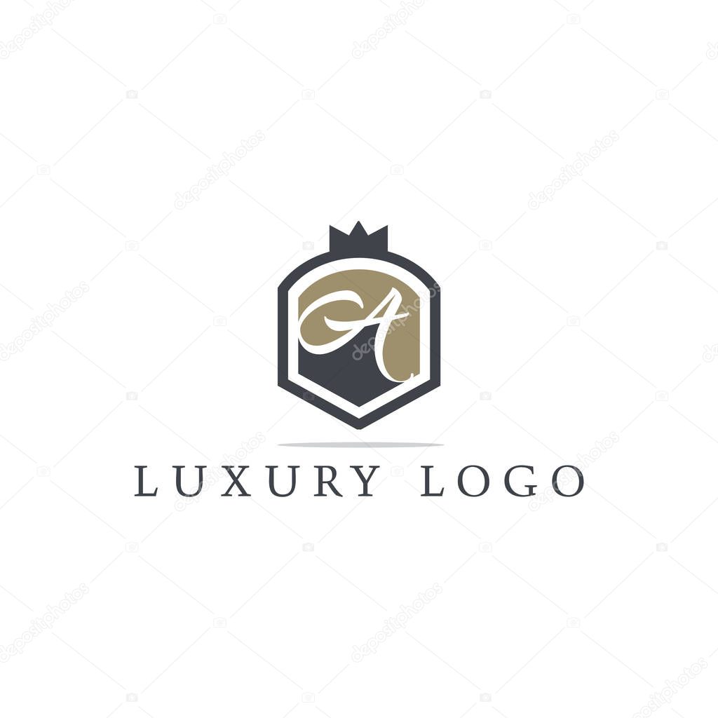 Luxury letter A monogram vector logo design. A letter in shield logo illustration. Safety and security icon.