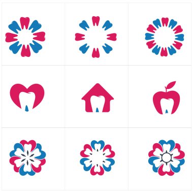 Diş bakımı logo simgeleri seti, kalkan ve çiçek illüstrasyon diş. Diş hekimi bakım kliniği.