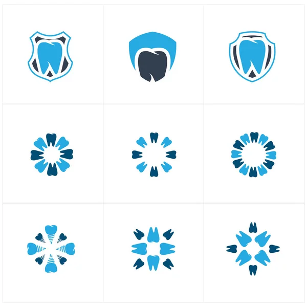 Cuidados Dentários Logotipo Ícones Conjunto Dente Escudo Ilustração Flor Clínica —  Vetores de Stock